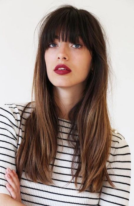 Chica con cabello largo y fleco corto con labial rojo