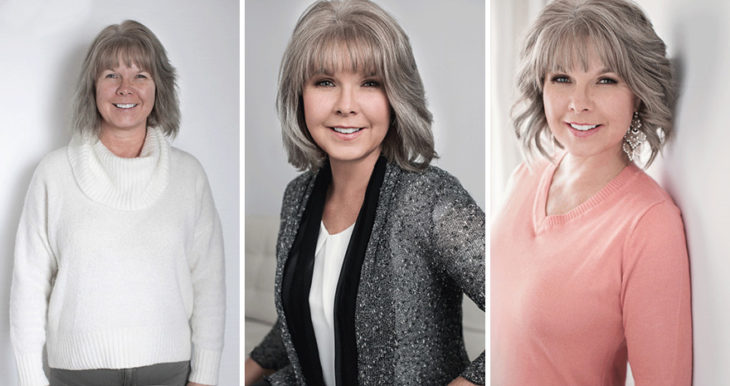 Fotografía de Emily London. Mujer adulta en tres fotos diferentes con diversos outfits de tonos neutros.