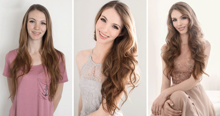 Fotografía de Emily London. Chica con cabello largo pelirrojo y rizado, vistiendo tres outfits diferentes.