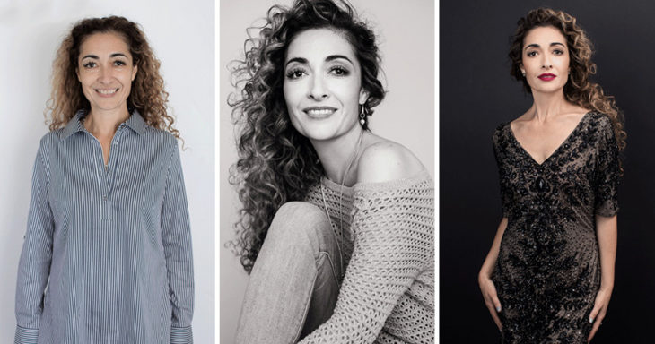 Fotografía de Emily London. Mujer con cabello rizado luciendo tres outfits diferentes.