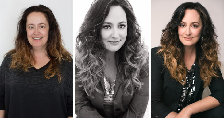Fotografía de Emily London. Chica con cabello largo y ondulado luciendo tres outfits diferentes en negro.