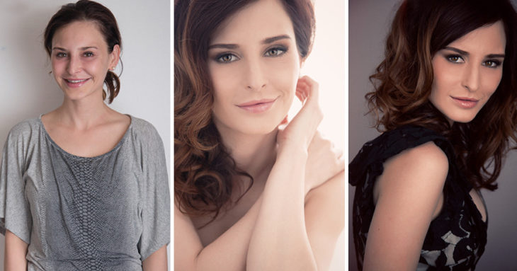 Fotografía de Emily London. Mujer con cabello ondulado luciendo tres outfits diferentes.