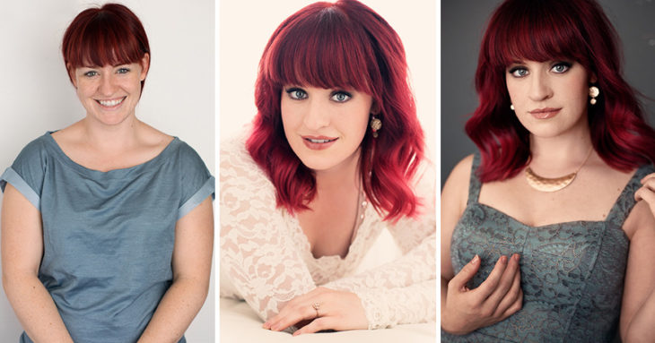 Fotografía de Emily London. Mujer con cabello corto teñido de rojo usando diversos outfits.