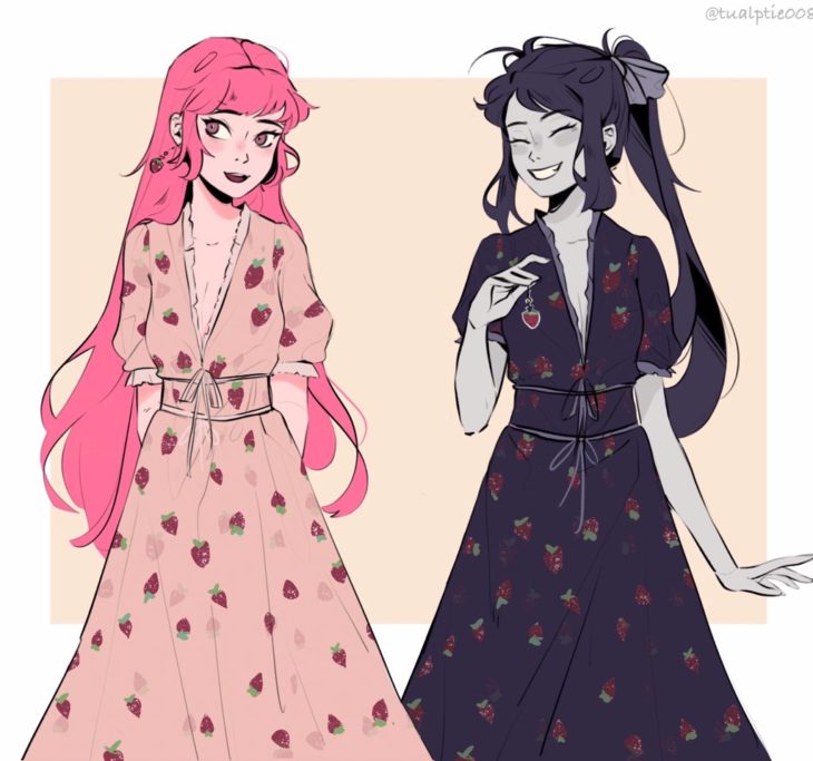 Marceline y Princesa Chicle versión anime con vestido de fresas
