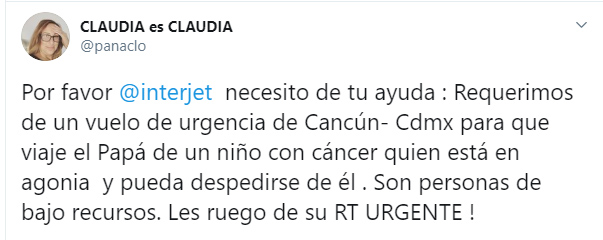 Comentario en twitter para ayudar al padre de un niño con cáncer a viajar para poder verlo 