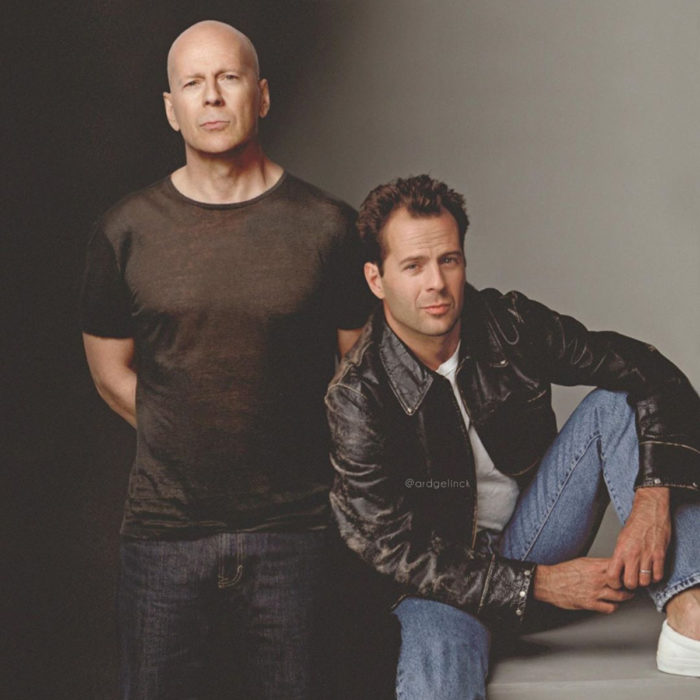 Fotografías de actores junto a personajes que interpretaron; Luz de luna, David Addison Jr., Bruce Willis