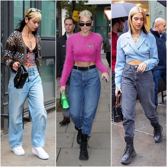 dua lipa usando jeans de tiro alto con botas y tenis