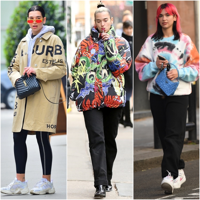 dua lipa usando diferentes sudaderas y chamarras