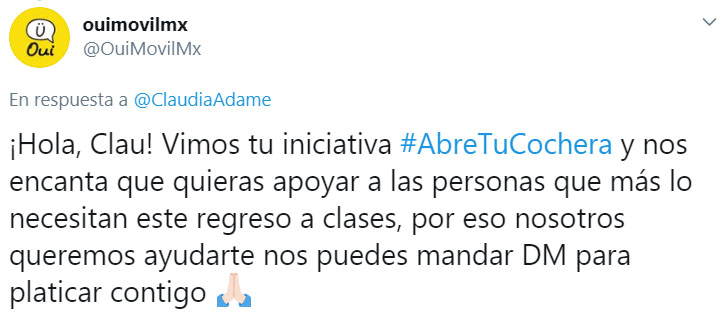Screen shot de felicitación a Claudia por la iniciativa de #AbreTuCochera