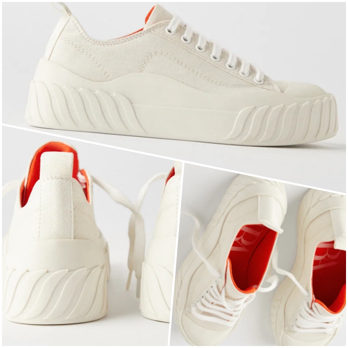 tenis color beige claro con plataforma e interior anaranjado