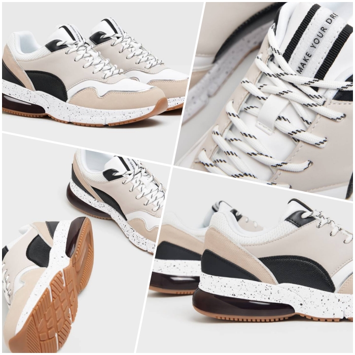 tenis color beige con diferentes toques de color oscuro y blanco, textura de mesh y plataforma flexible