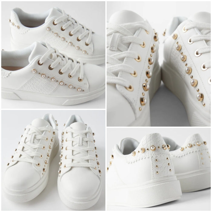 tenis blancos con perlas y detalles en cobre, con textura y plataforma