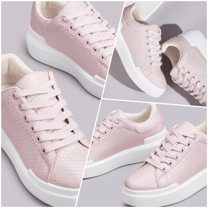 tenis color rosa pastel con textura de reptil y suela blanca gruesa