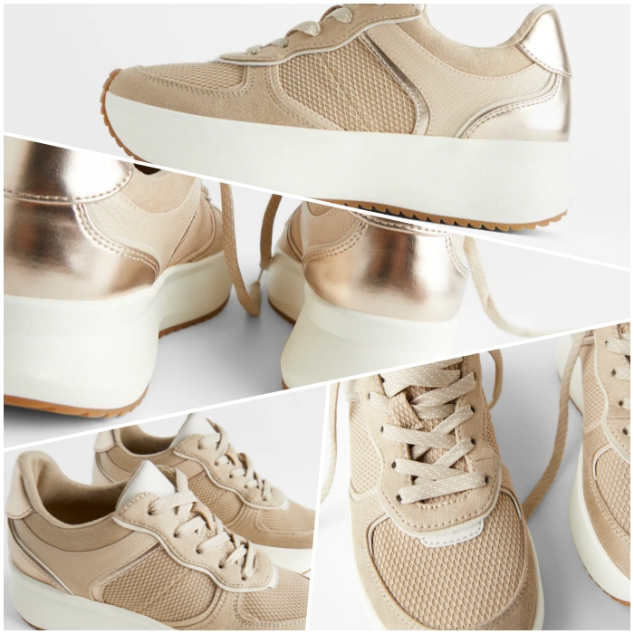 tenis deportivos color beige con detalles cromados y suela blanca