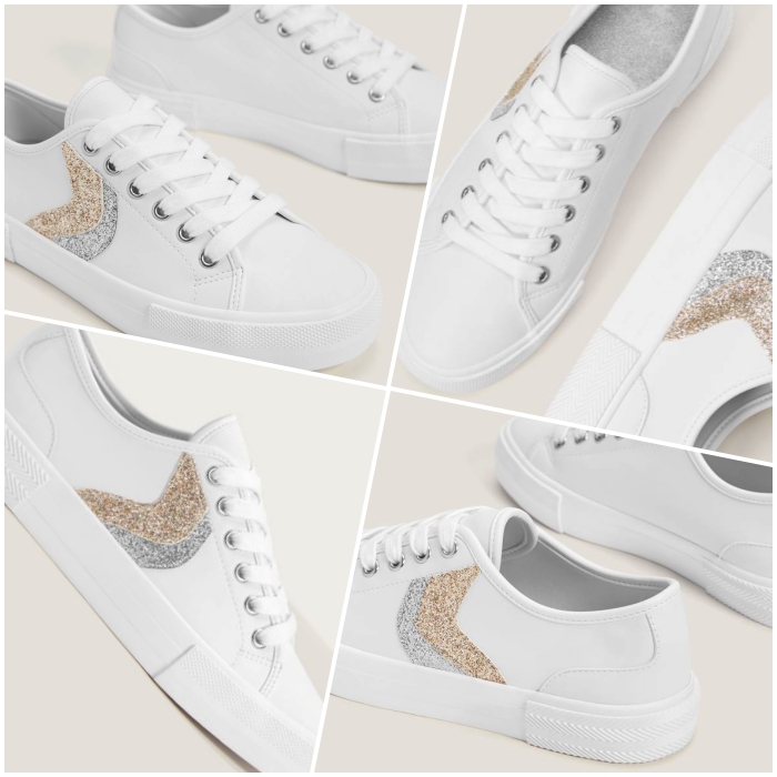 tenis blancos con suela blanca y detalles en color dorado y plateado con glitter