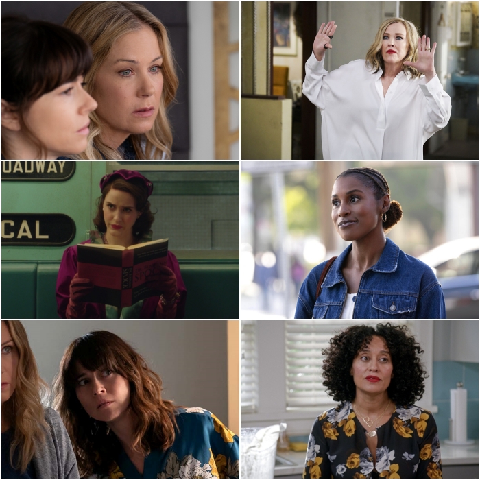 Christina Applegate en Dead To Me, Rachel Brosnahan en The Marvelous Mrs. Maisel, Linda Cardellini en Dead To Me, Catherine O'Hara en Schitt's Creek, Issa Rae en Insecure y Tracee Ellis Ross en Black-ish
