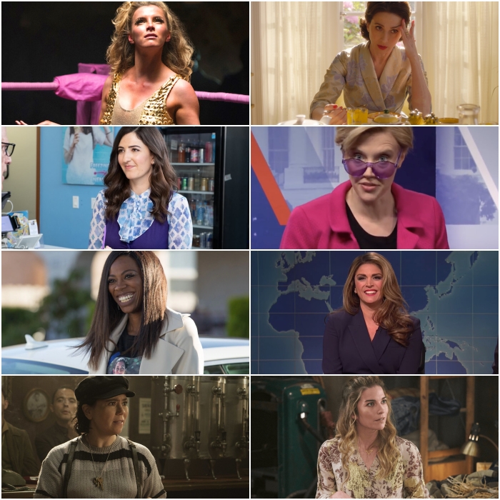 Betty Gilpin en GLOW, D'Arcy Carden en The Good Place, Yvonne Orji en Insecure, Alex Borstein y Marin Hinkle en The Marvelous Mrs. Maisel, Kate McKinnon y Cecily Strong en Saturday Night Live y Annie Murphy en Schitt's Creek