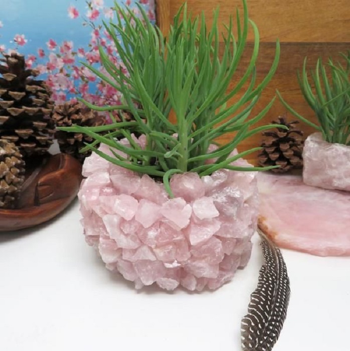 Maceta con cuarzo rosado en trozos