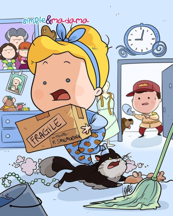 Artista Simple & Madama ilustra a princesas Disney en cuarentena; Cenicienta recibiendo un paquete por correo