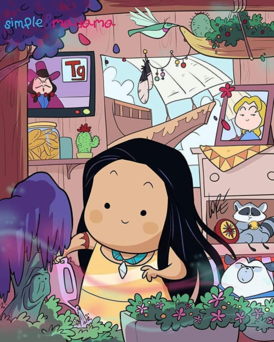 Artista Simple & Madama ilustra a princesas Disney en cuarentena; Pocahontas regando las plantas en su casa del árbol