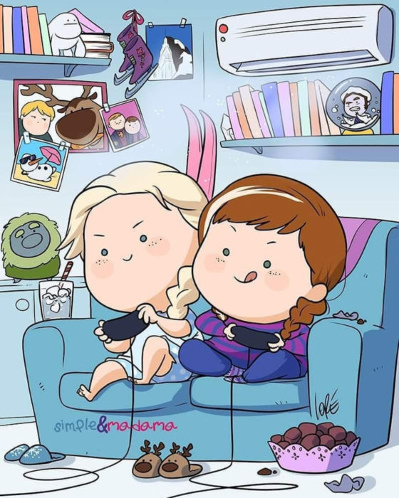 Artista Simple & Madama ilustra a princesas Disney en cuarentena; Elsa y Anna jugando videojuegos en pijama