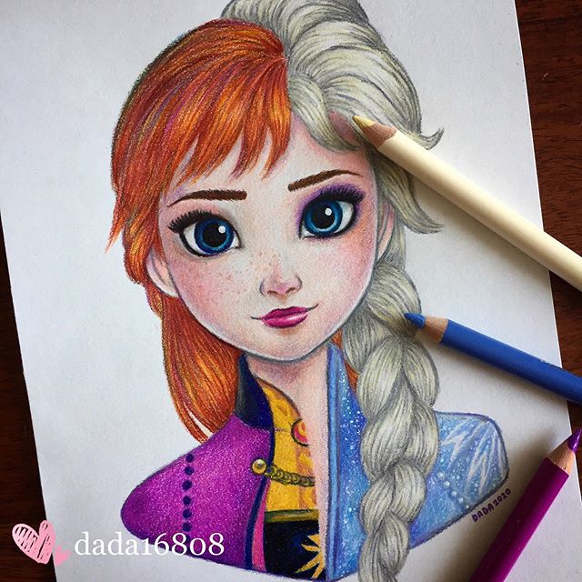 Dibujo realizado por la artista dada16808 combinando a los personajes Disney, Elsa y Anna