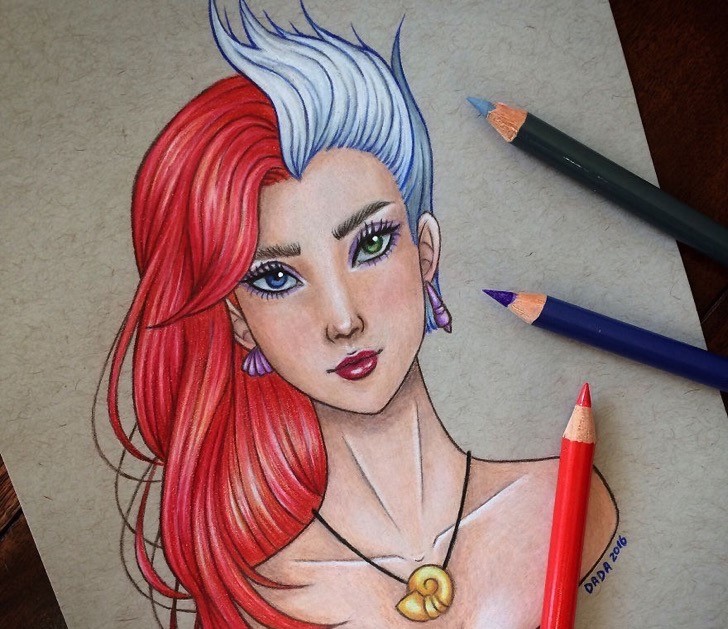 Dibujo realizado por la artista dada16808 combinando a los personajes Disney, Ariel y Úrsula
