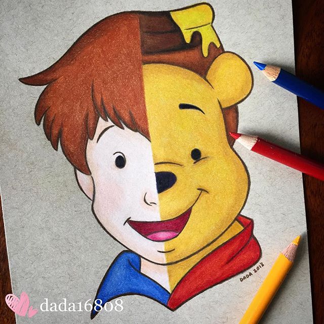 Dibujo realizado por la artista dada16808 combinando a los personajes Disney, Christopher Robin y Winnie Pooh