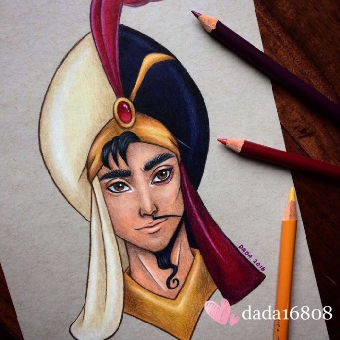 Dibujo realizado por la artista dada16808 combinando a los personajes Disney, Aladdín y Jafar