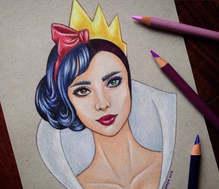 Dibujo realizado por la artista dada16808 combinando a los personajes Disney, Blancanieves y la bruja malvada