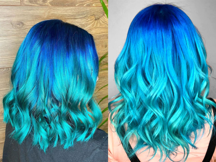 Cabello azul balayage; cabello teñido de azul degradado que parece el océano