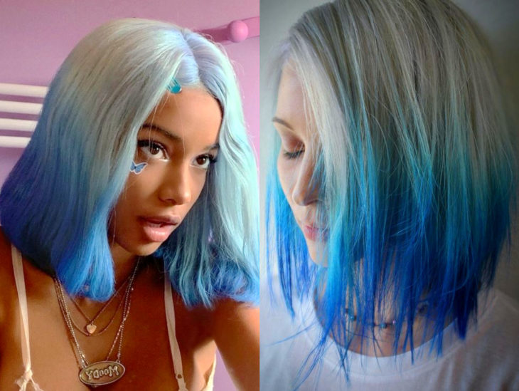 Cabello azul balayage; cabello teñido de azul degradado a blanco que parece el océano