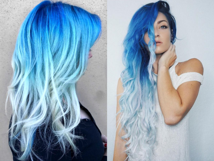 Cabello azul balayage; cabello teñido de azul degradado a blanco que parece el océano