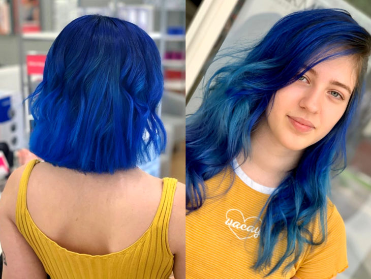 Cabello azul balayage; cabello teñido de azul degradado que parece el océano