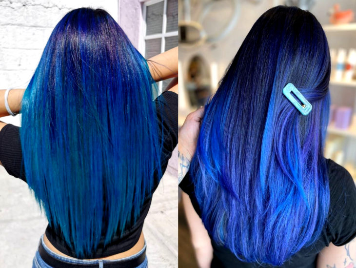 Cabello azul balayage; cabello teñido de azul degradado que parece el océano