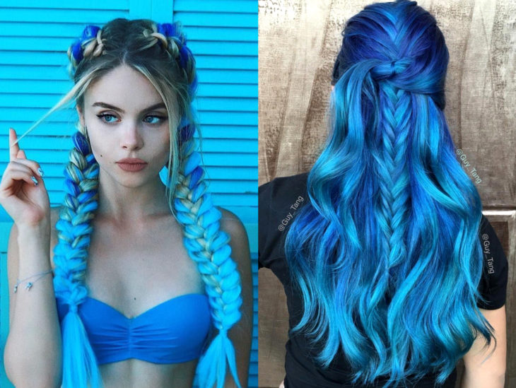 Cabello azul balayage; cabello teñido de azul degradado que parece el océano