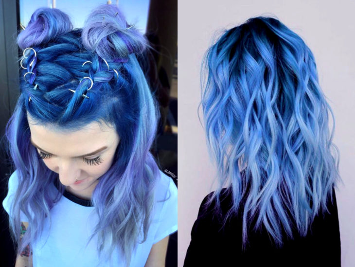 Cabello azul balayage; cabello teñido de azul degradado a lila que parece el océano