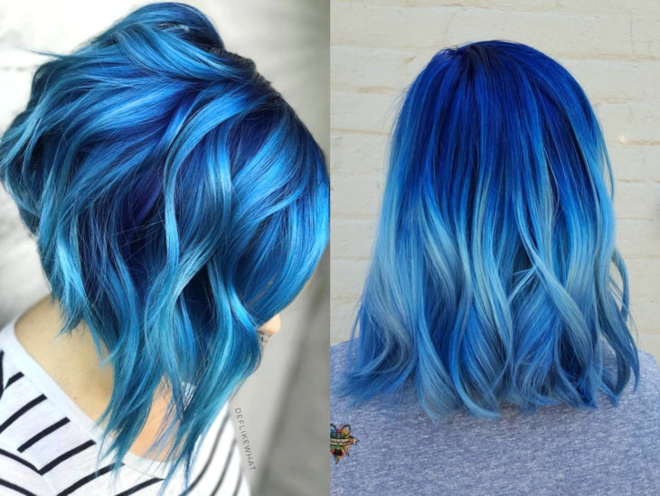 Cabello azul balayage; cabello teñido de azul degradado que parece el océano
