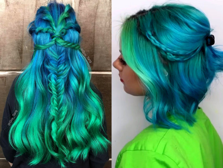 Cabello azul balayage; cabello teñido de azul degradado a verde que parece el océano