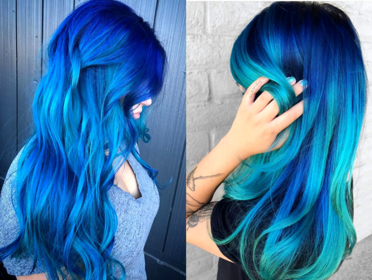 Cabello azul balayage; cabello teñido de azul degradado que parece el océano
