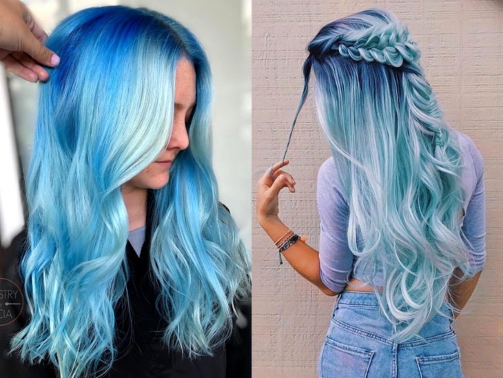 Cabello azul balayage; cabello teñido de azul degradado a blanco que parece el océano