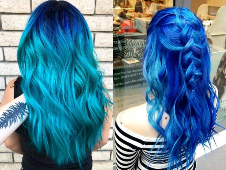 Cabello azul balayage; cabello teñido de azul degradado que parece el océano