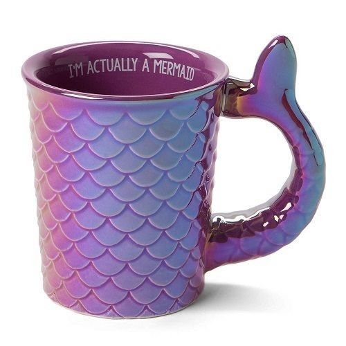 Taza morada tornasol con asa en forma de cola de sirena