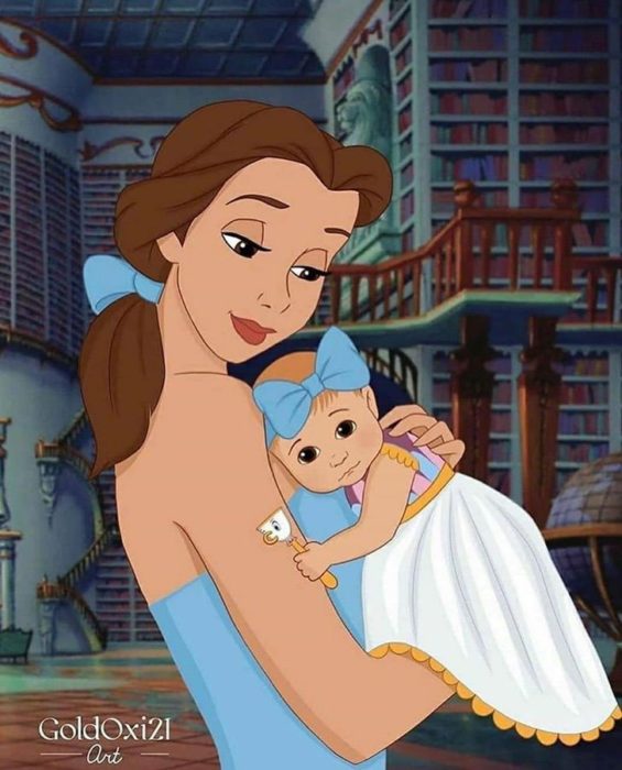 Ilustración de Bella de La Bella y la Bestia como mamá de la ilustradora rusa Oksana Paschenko