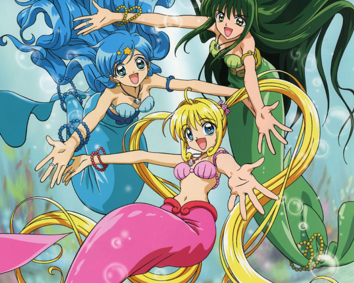Escena de la serie animada Mermaid Melody: Pichi Pichi Pitch con sirenas de colas azules, verdes y rosas