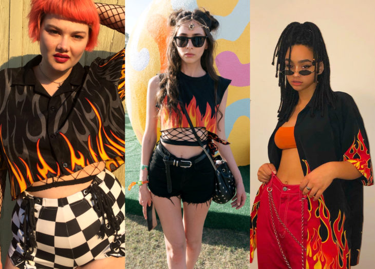 Ropa trendy; blusas con estampado de llamas naranjas; chica con cabello hongo teñido de naranja; mujer con atuendo de festival; chica afroamericana con trenzas