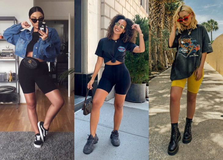 Ropa trendy; outfits con biker shorts; chica rubia con cabello a los hombros, mujer afroamericana con cabello rizado y suelto