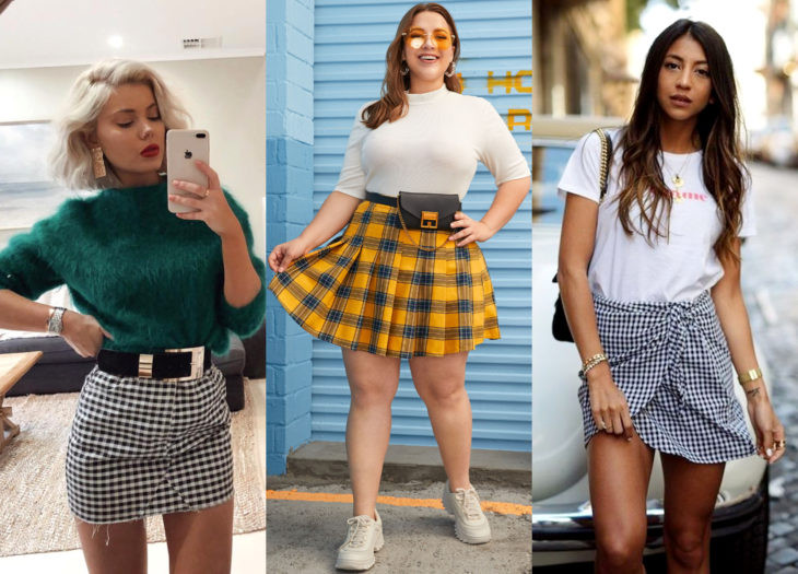 Ropa trendy; outfits con minifalda de cuadros en blanco, negro, amarillo y azul