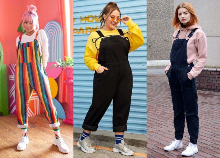 Ropa trendy; outfits con overoles negros, azules y de colores arcoíris