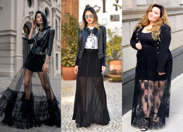 Ropa trendy; outfits con faldas negras con transparencias